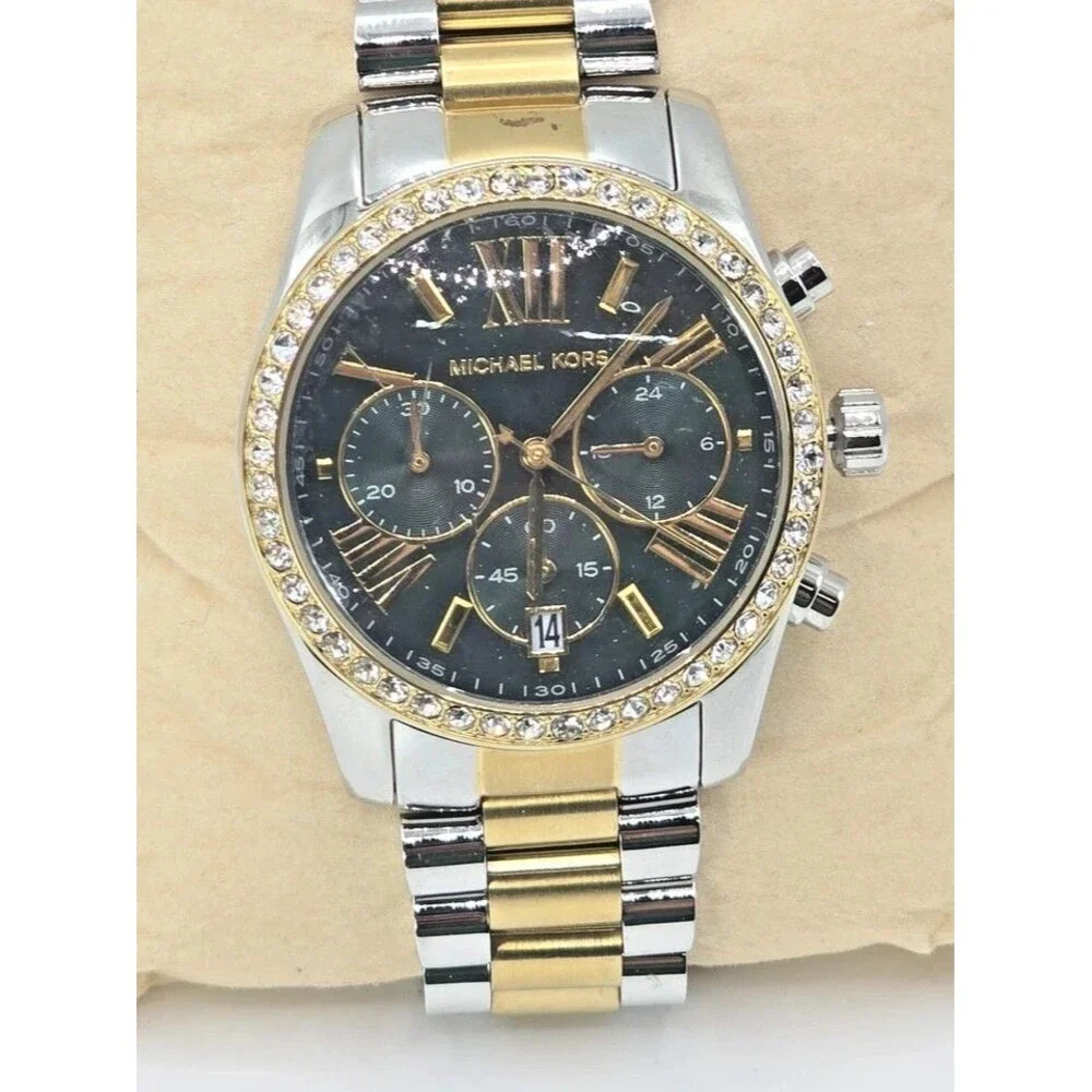 Michael Kors Lexington MK7303 Two Tone Green Dial Womens Chronograph Watch 38mm